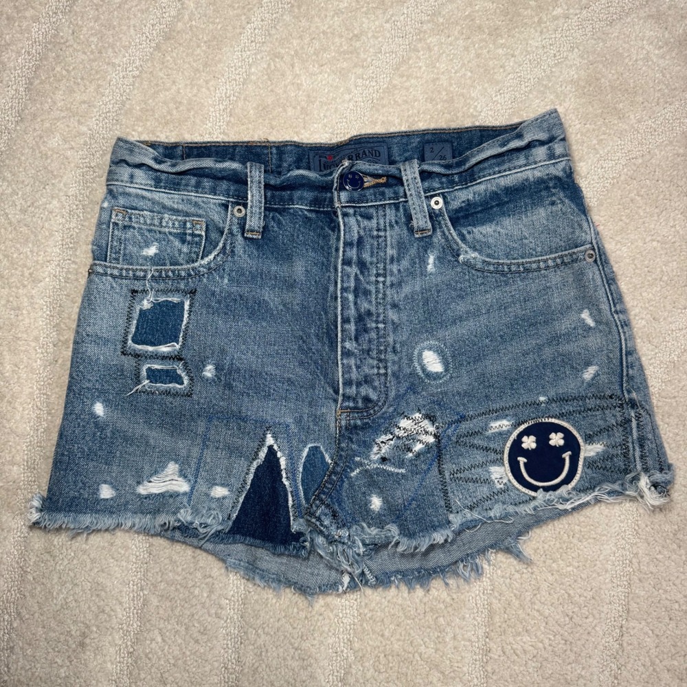 Lucky Brand Distressed Smiley Patchwork Denim Skirt Womens 2/26  Cut Off Funky